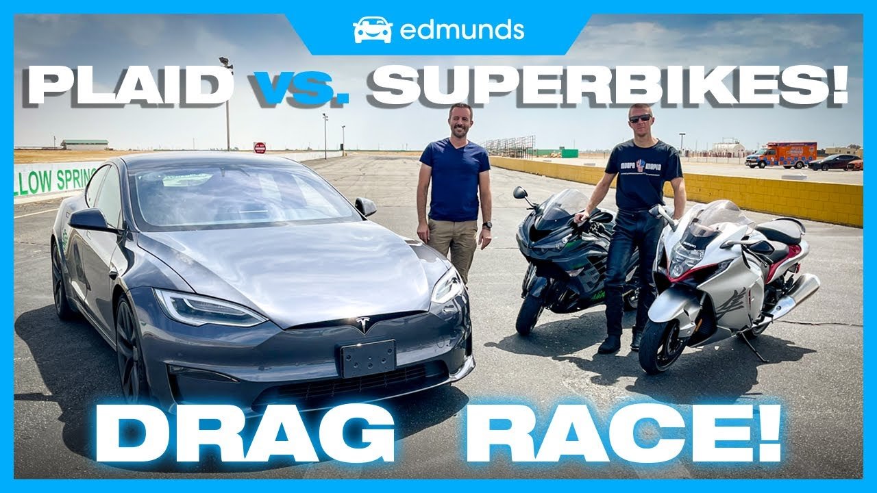 Drag Race! Tesla Model S Plaid vs. Suzuki Hayabusa vs. Kawasaki ZX-14R | 0-60, Performance & More