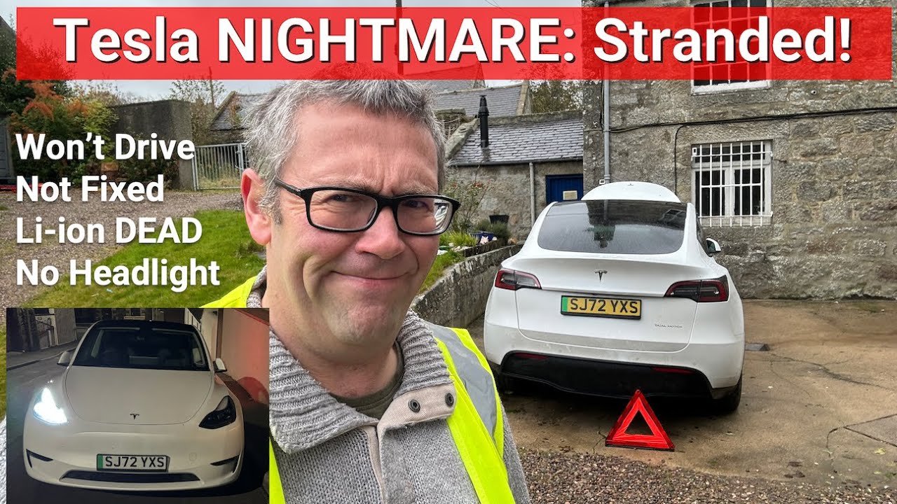 My Tesla Model Y won't drive. I'm stuck at home, with a broken battery and a broken headlight…