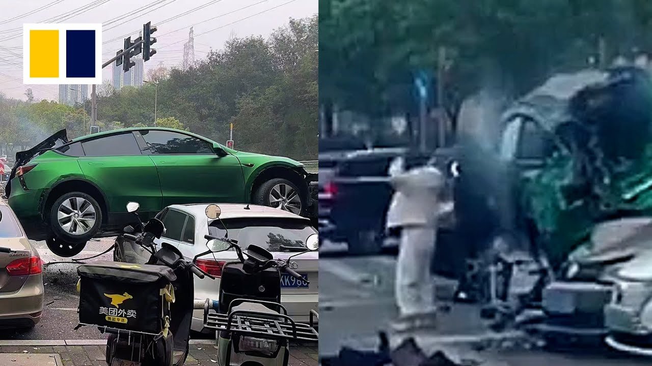 Chinese driver survives after her Tesla is sent flying, landing on parked cars