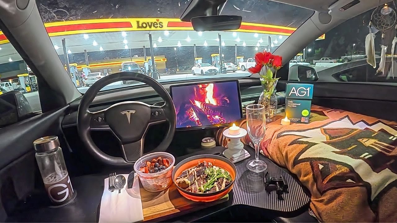Luxury Overnight Tesla Car Camping At A Loves Truck Stop